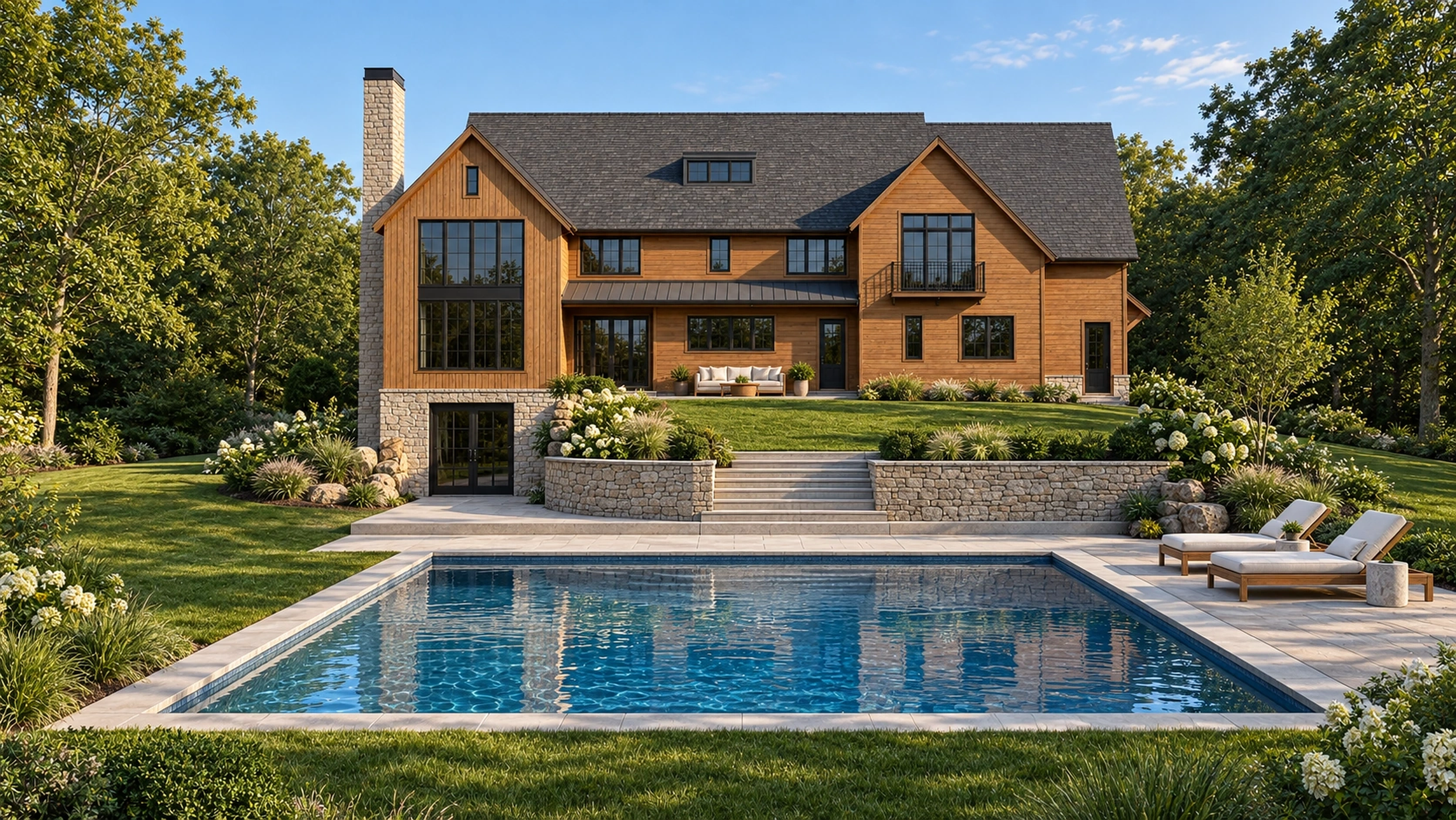 Architectural rendering of the planned Lot 13 home and backyard pool at Silvermine Preserve